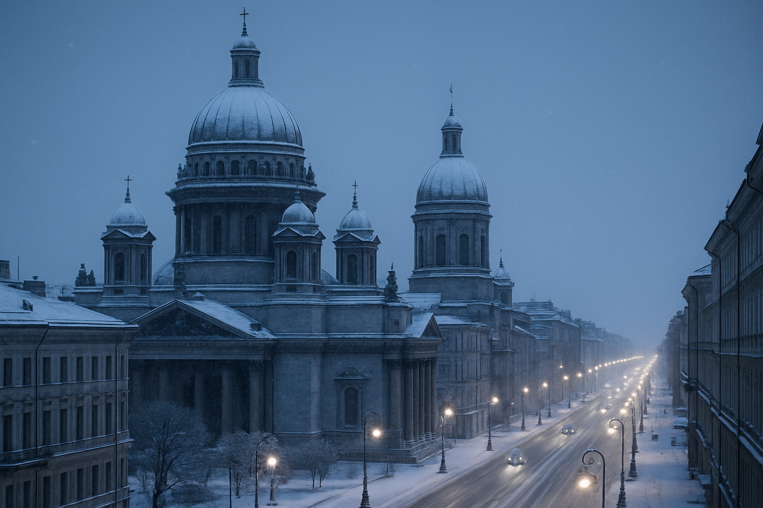 Snow-dusted cathedral domes and historic streets in Russia