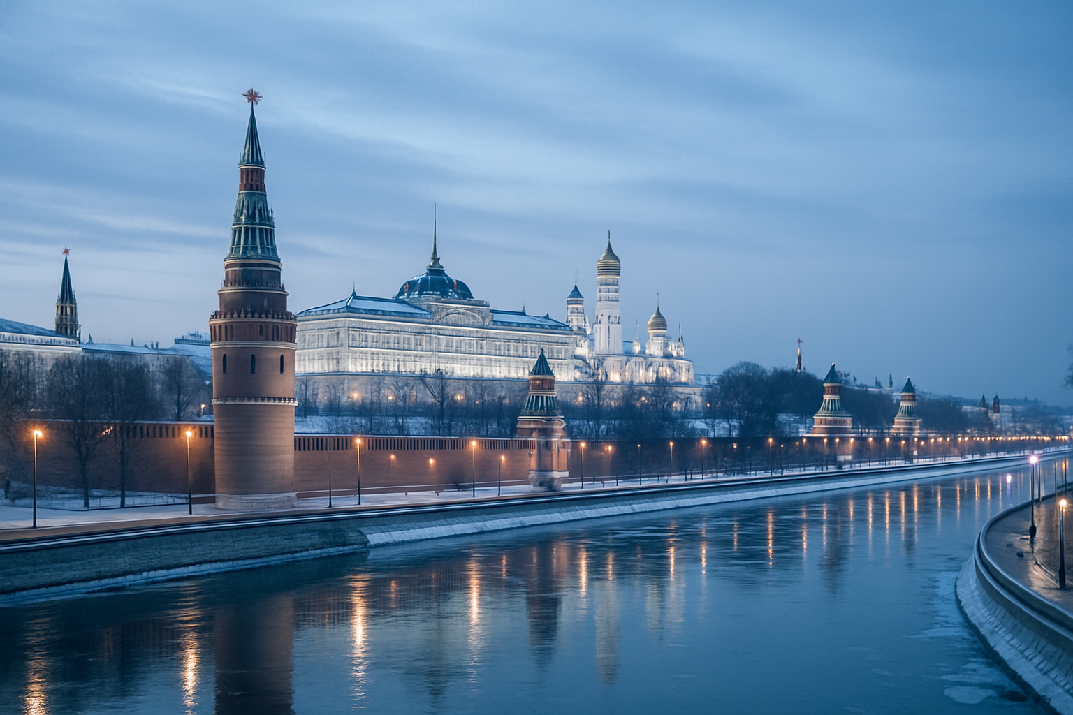 Moscow skyline with the Kremlin towers and River Moskva under a cool blue sky