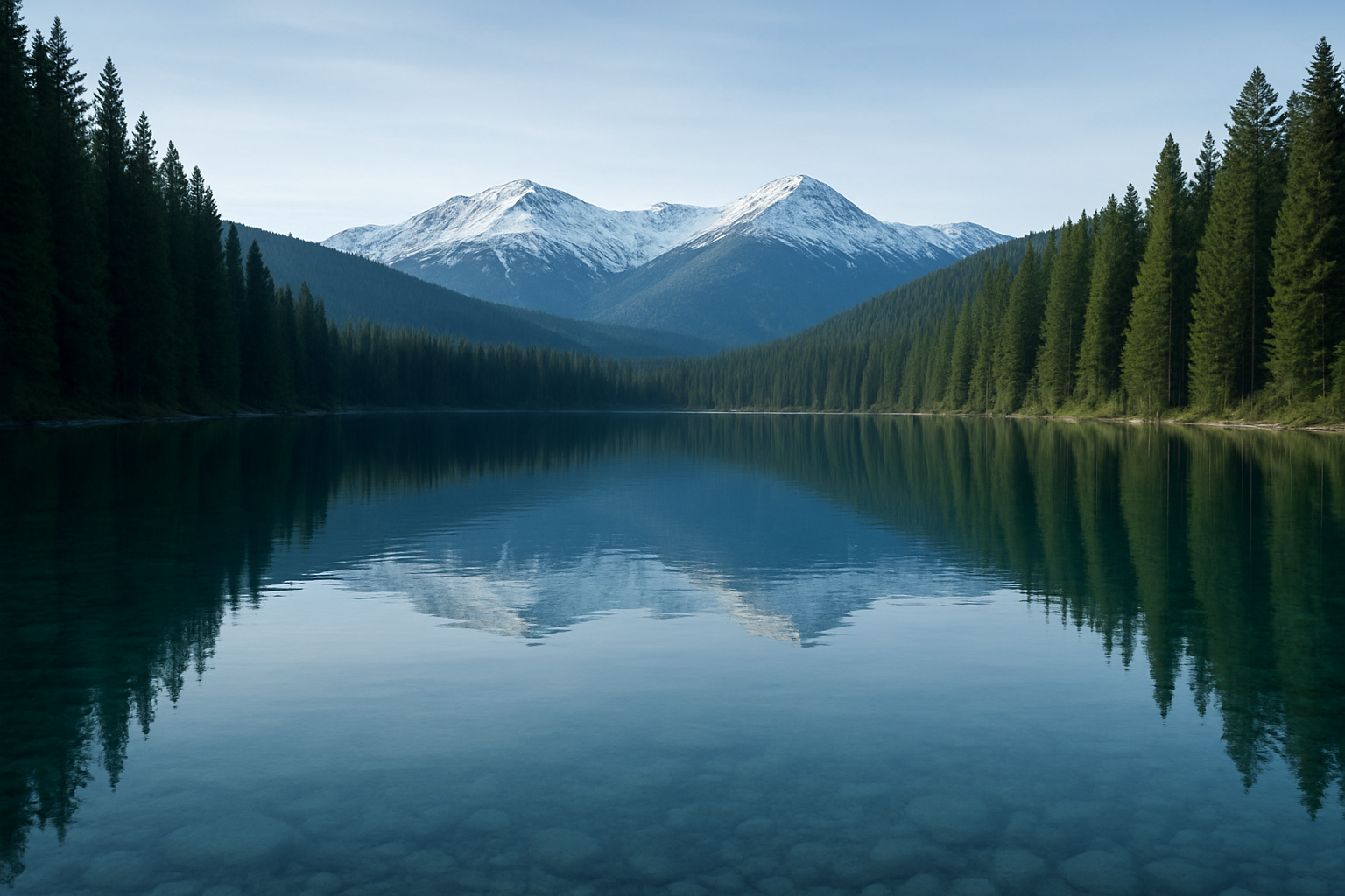 Crystal clear lake with pine forests and distant mountains in Russia