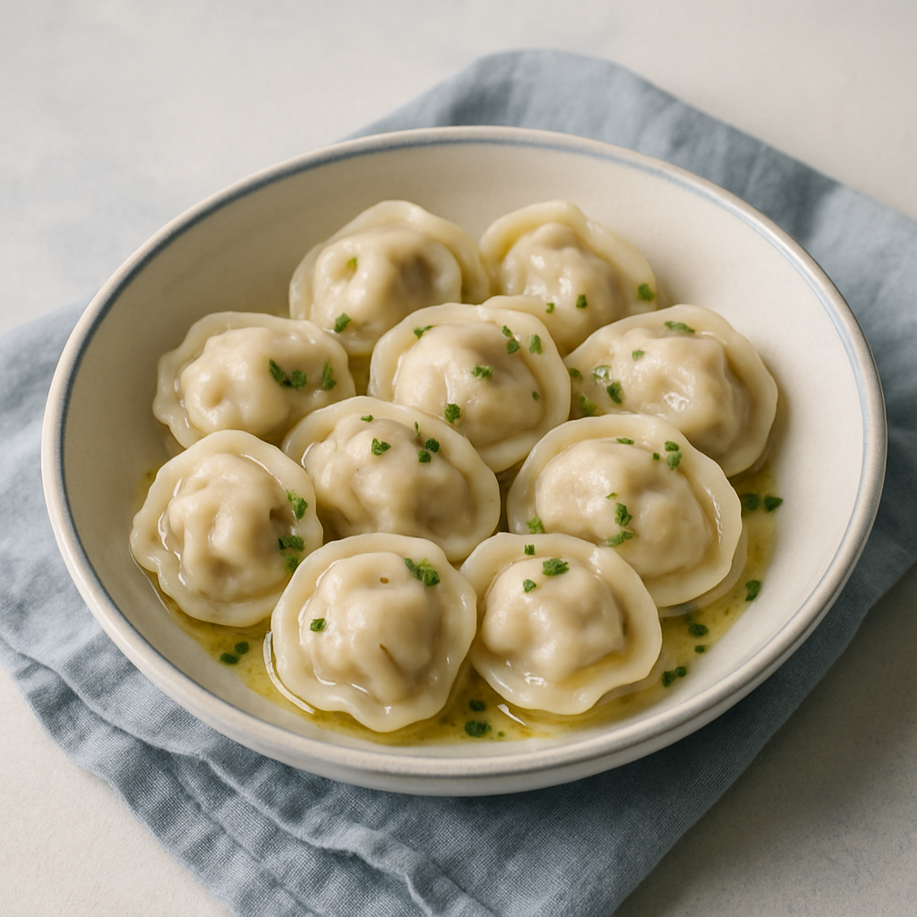 Handmade pelmeni dumplings with herbs and butter
