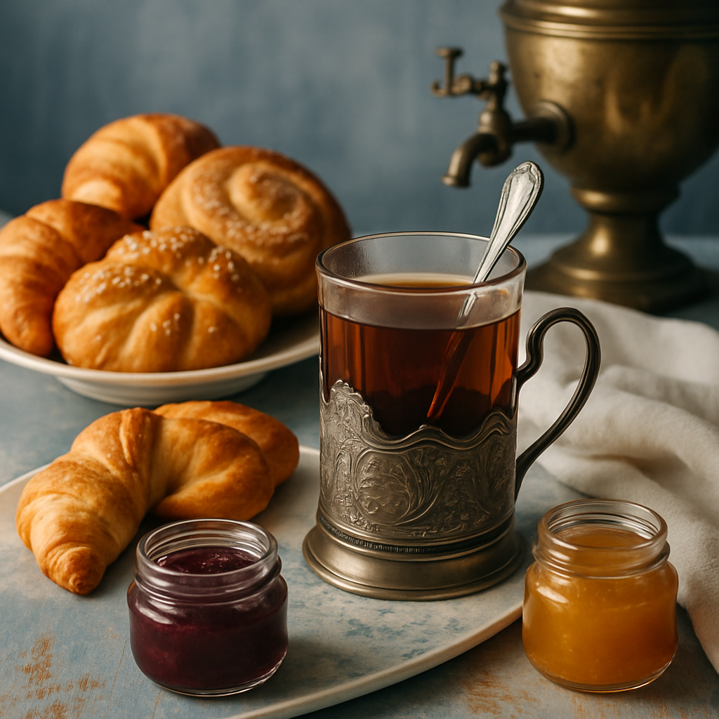 Traditional Russian tea set with pastries and jam