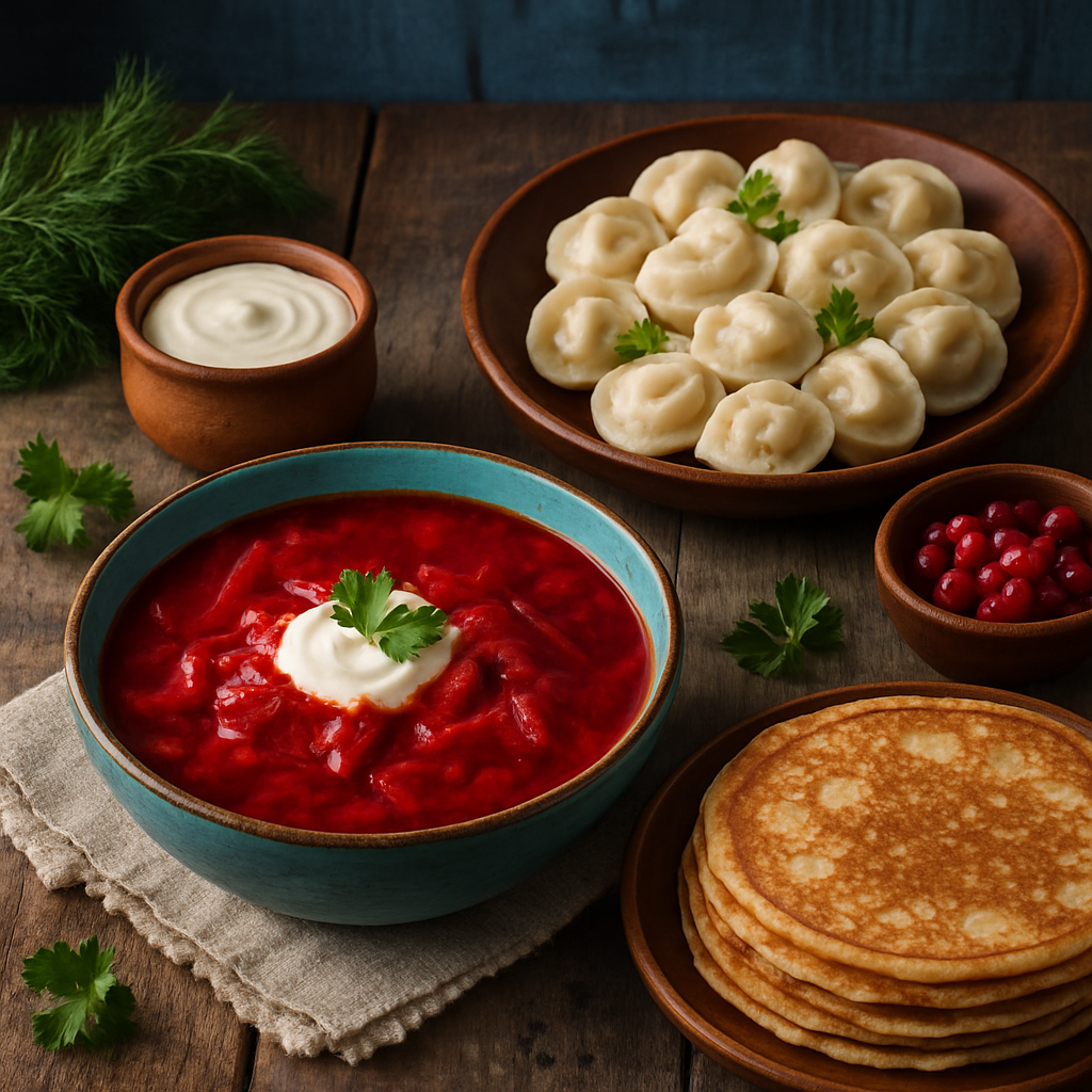 Traditional Russian dishes including borscht, pelmeni, and blini on a wooden table