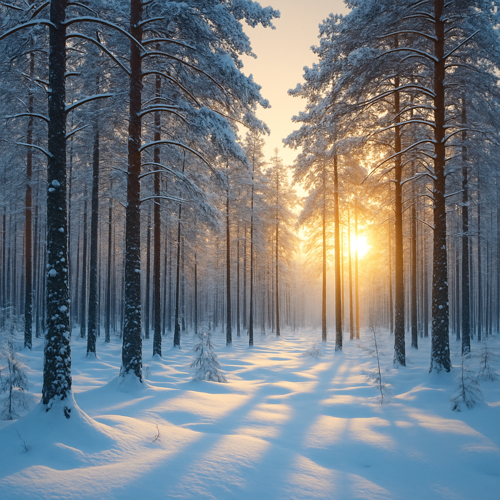 Snowy pine forest with a soft sunrise glow in a Russian winter landscape