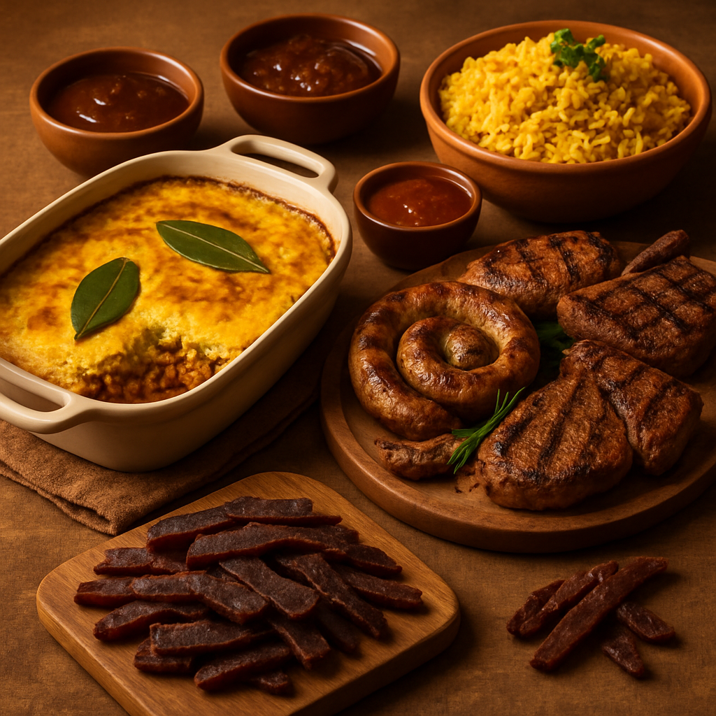 South African food spread with bobotie, braai, and biltong