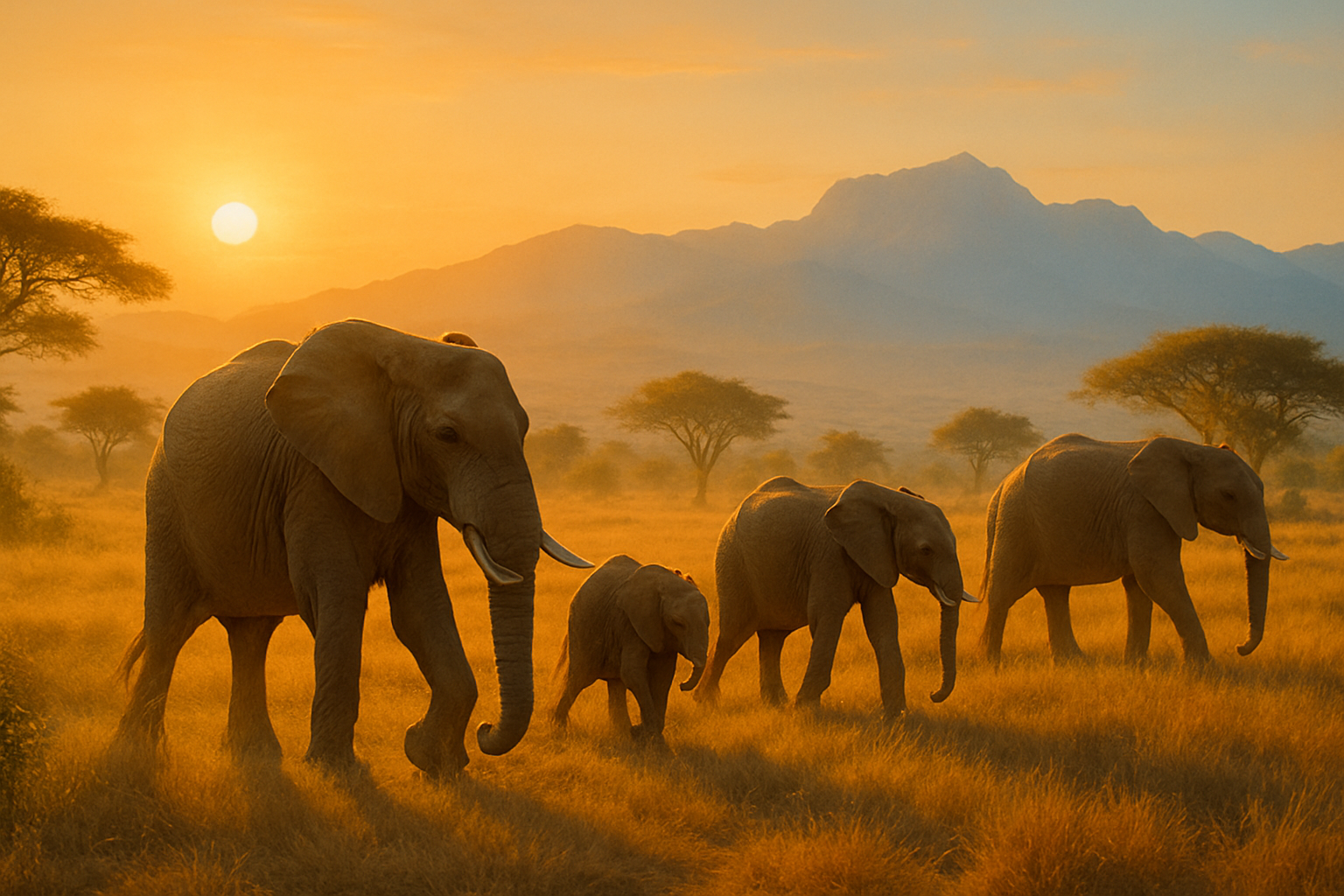 South Africa safari with elephants and distant mountains at sunrise