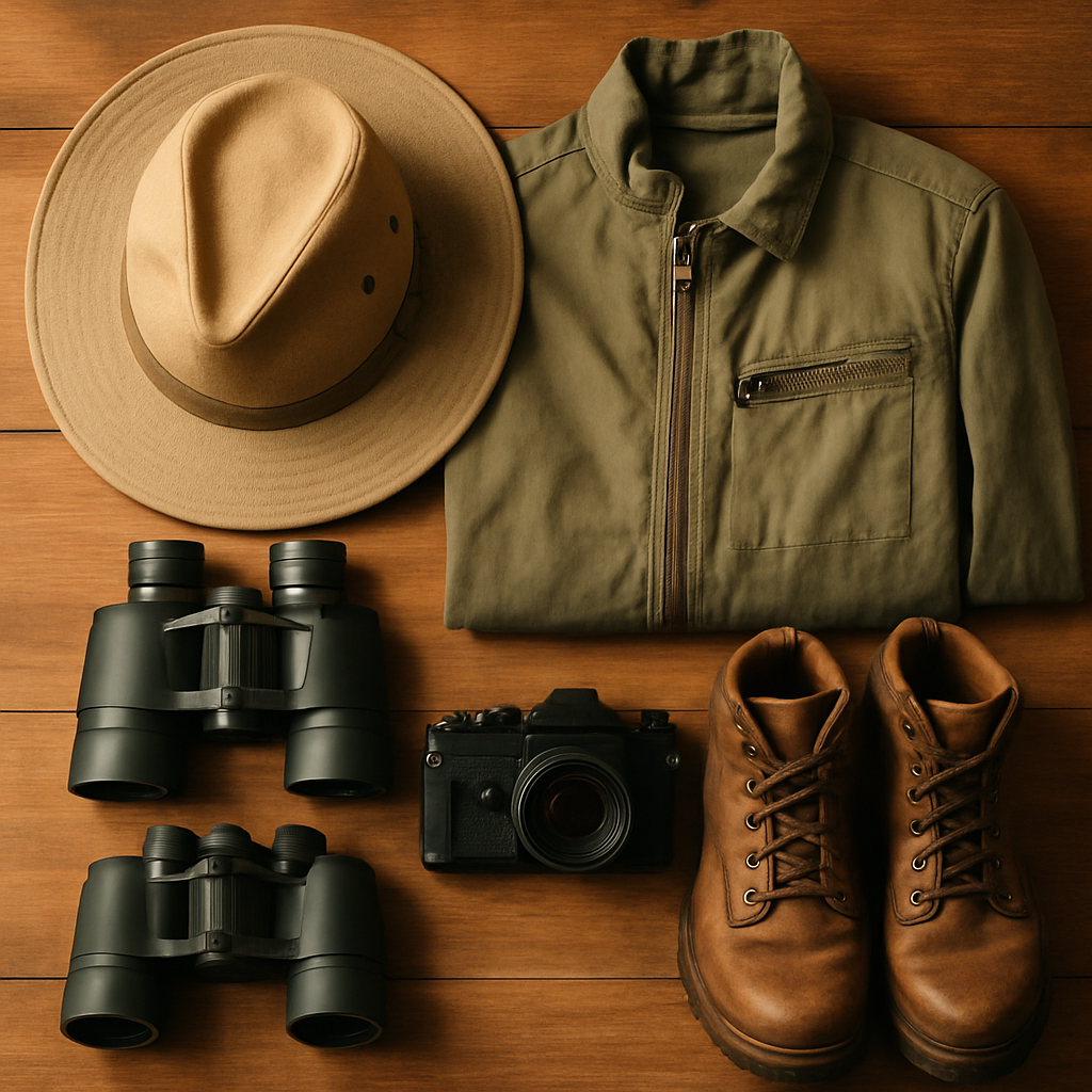 Safari packing essentials with light layers, hat, and camera