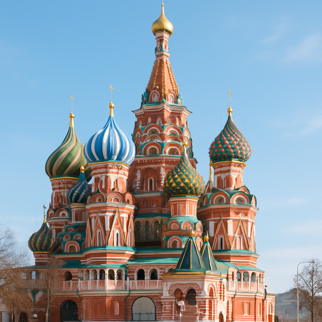 Saint Basil's Cathedral with colorful onion domes under a soft sky