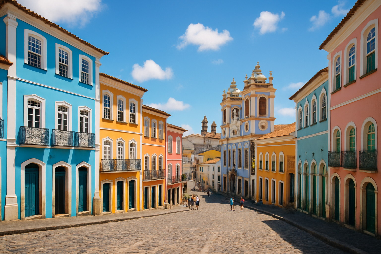 Salvador historic center with colorful colonial buildings and cobbled streets