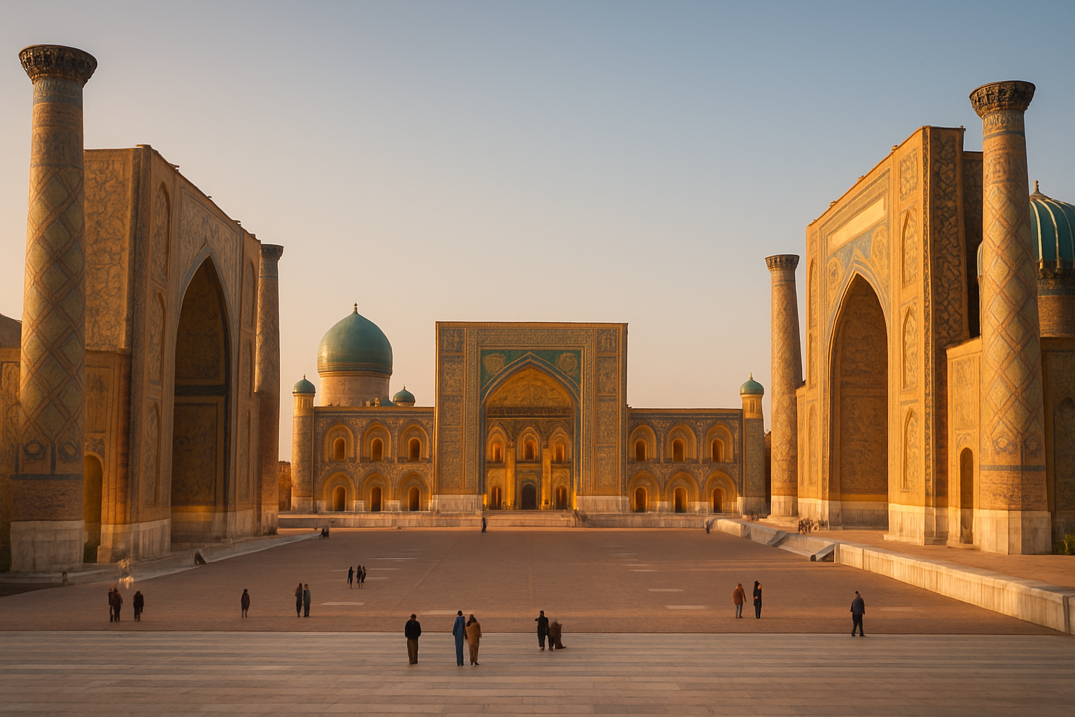 Registan Square in Samarkand with turquoise mosaics and golden light