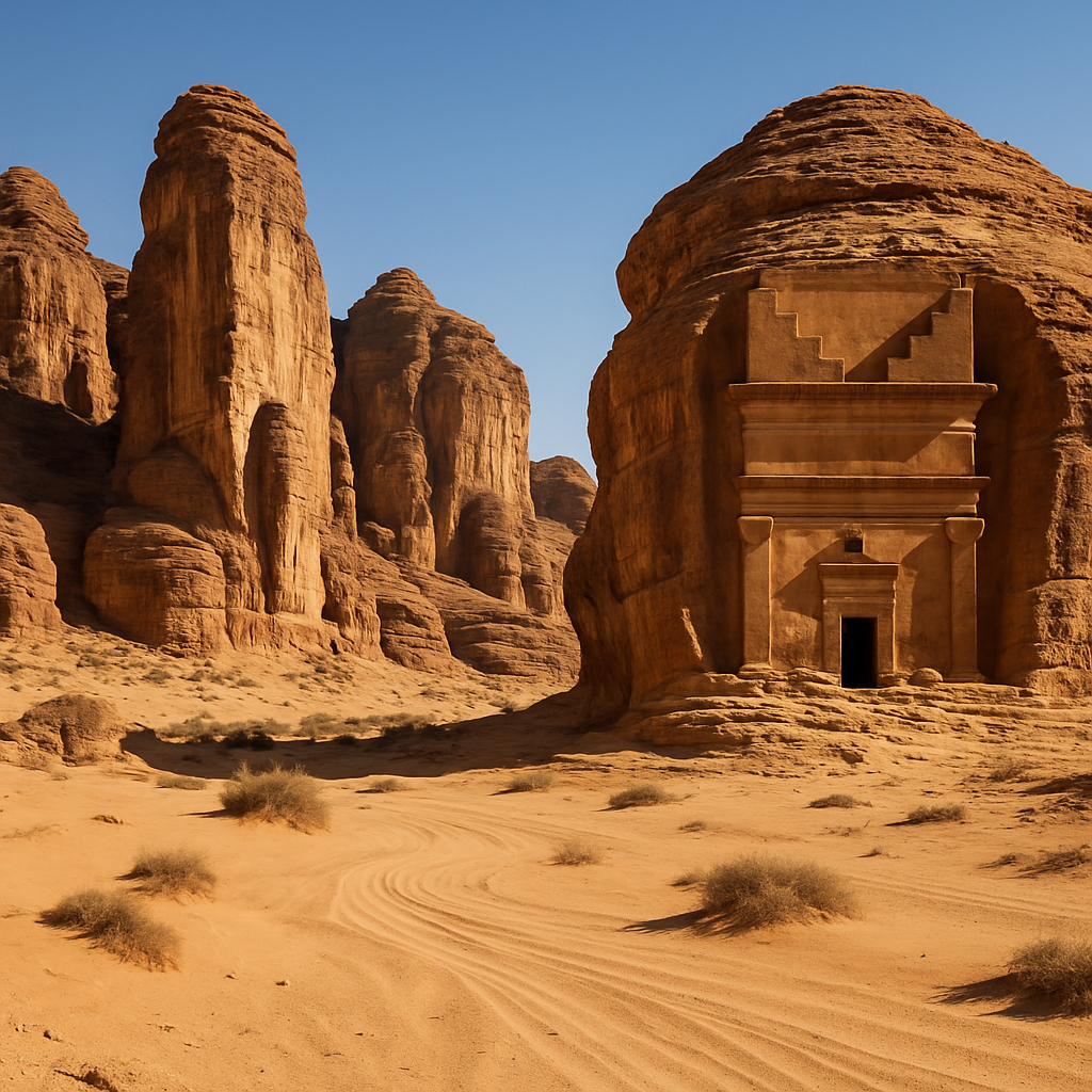 Al-Ula sandstone rocks and ancient tombs under clear sky