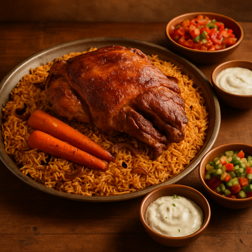 Saudi kabsa rice platter with lamb, spices, and small bowls of sides