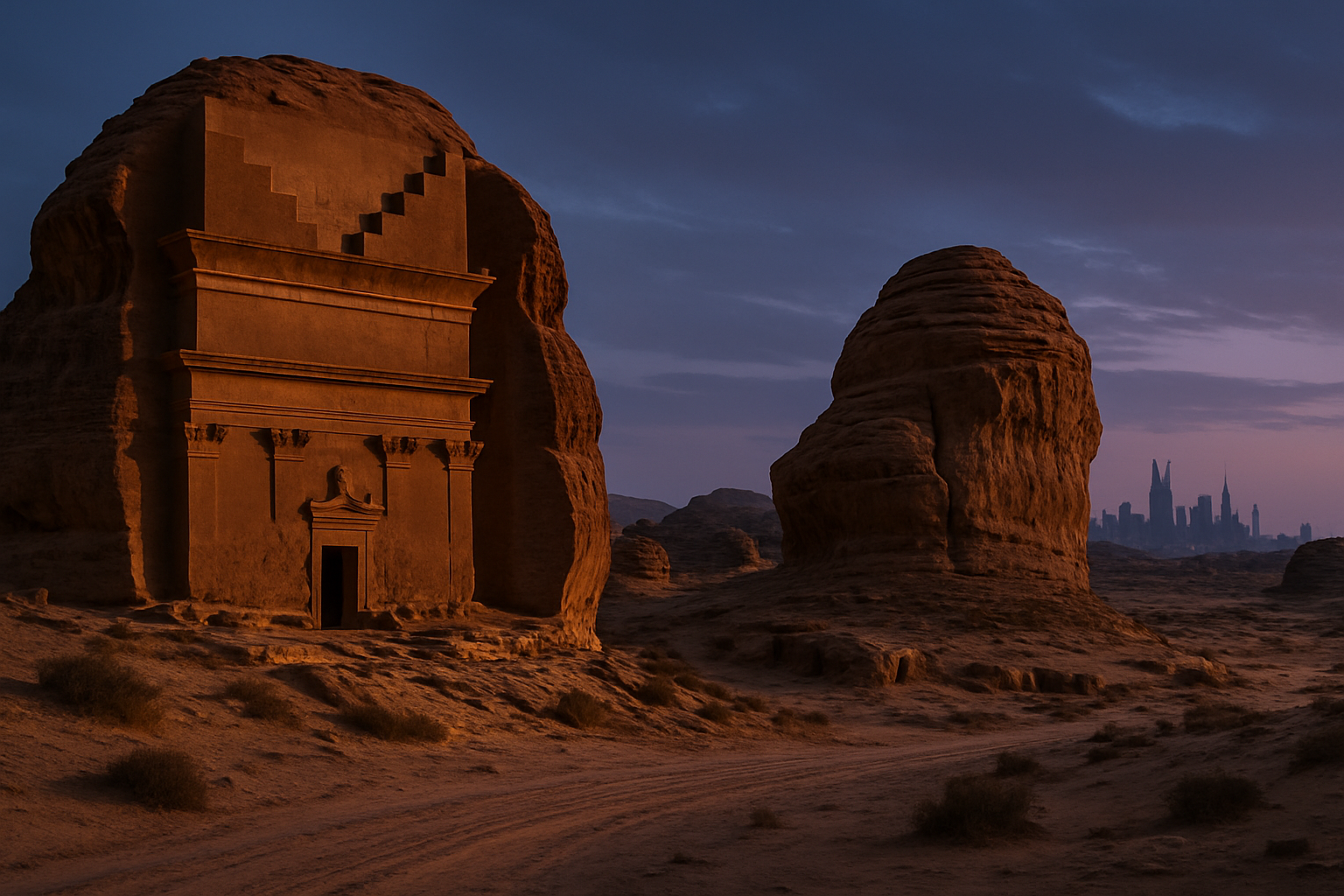 Desert heritage site and modern skyline in Saudi Arabia