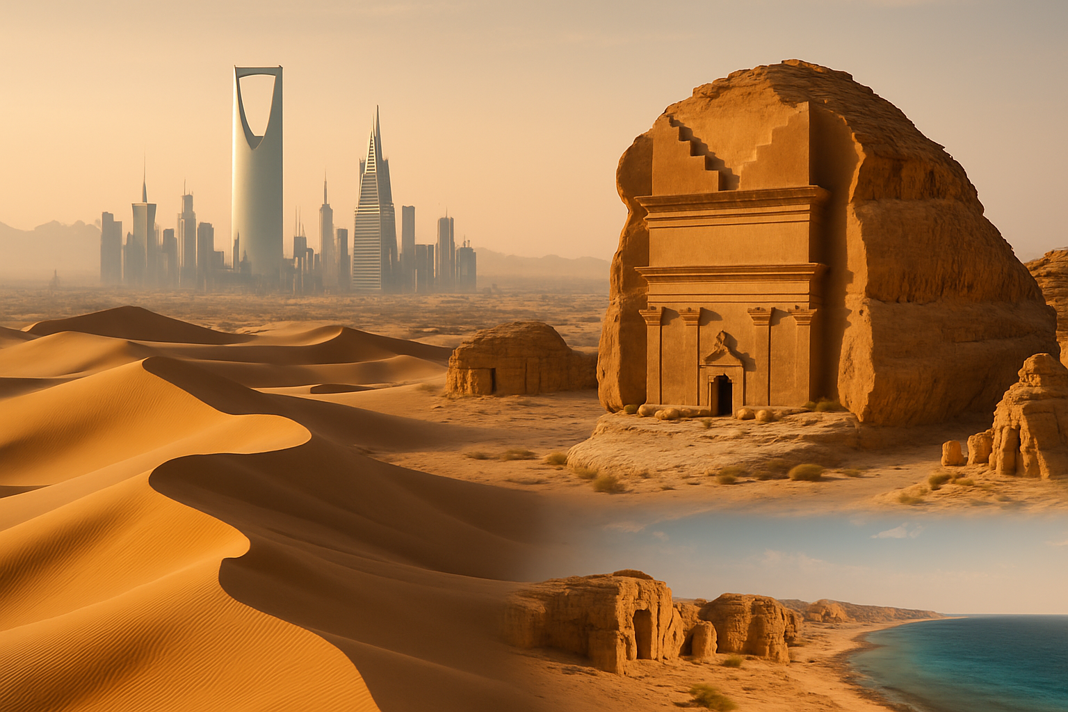 Saudi Arabia desert dunes with modern skyline, historic rock formations, and Red Sea coastline