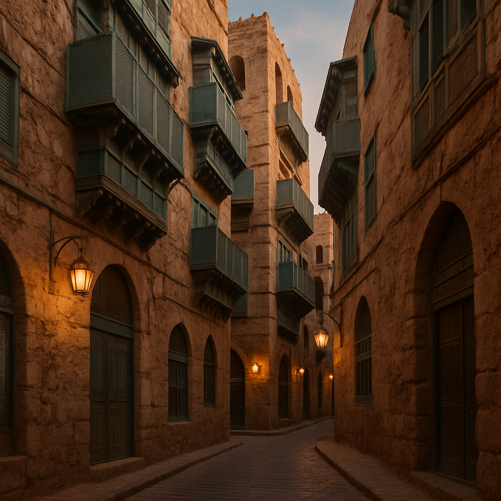 Jeddah old town alleys with coral stone buildings and lanterns