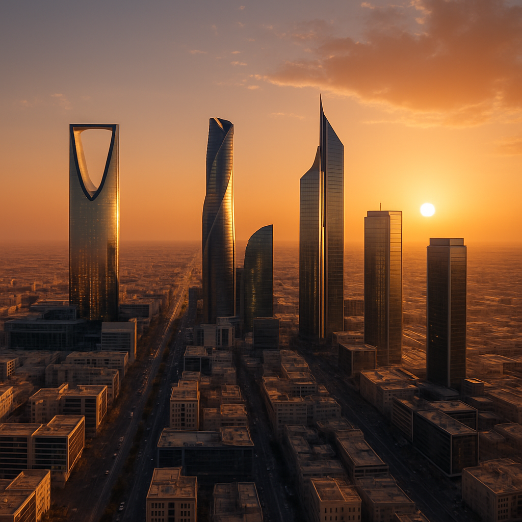 Riyadh skyline with modern towers and a warm desert sunset