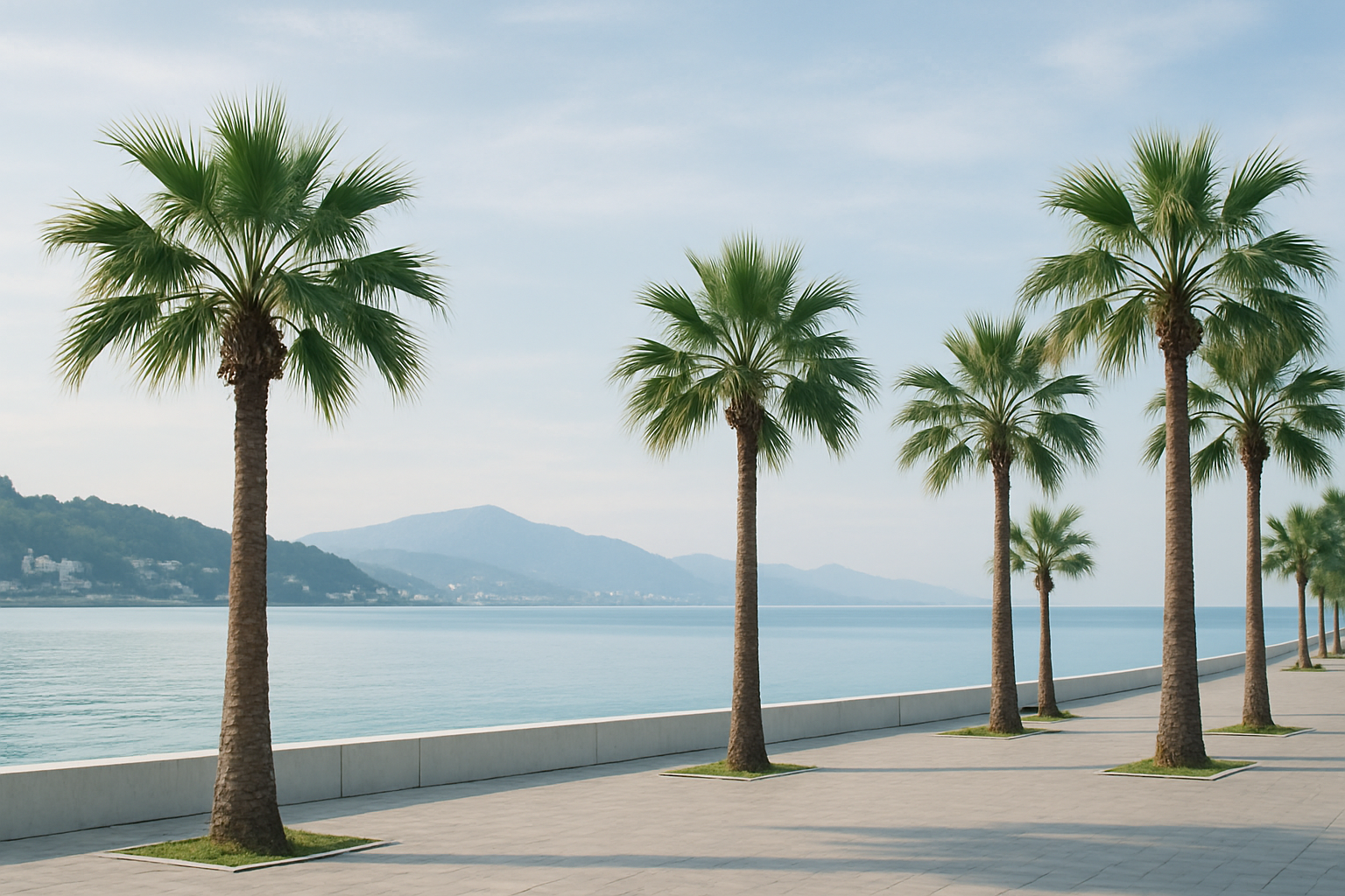 Sochi coastline with palm trees, mountains in the distance, and calm sea