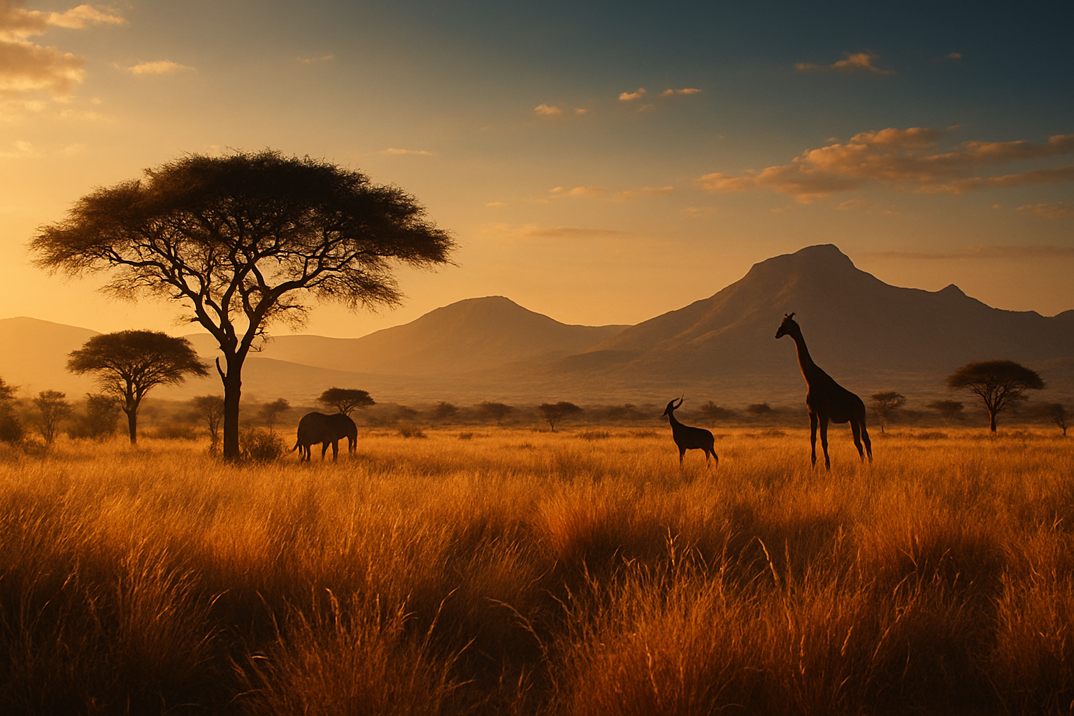 South African safari landscape with golden savanna, distant mountains, and wildlife silhouettes