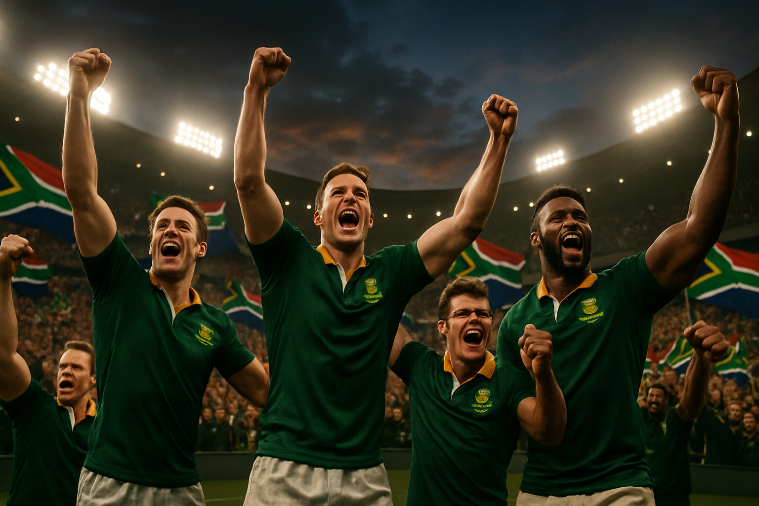 South African rugby celebration in a packed stadium with national colors and triumphant energy