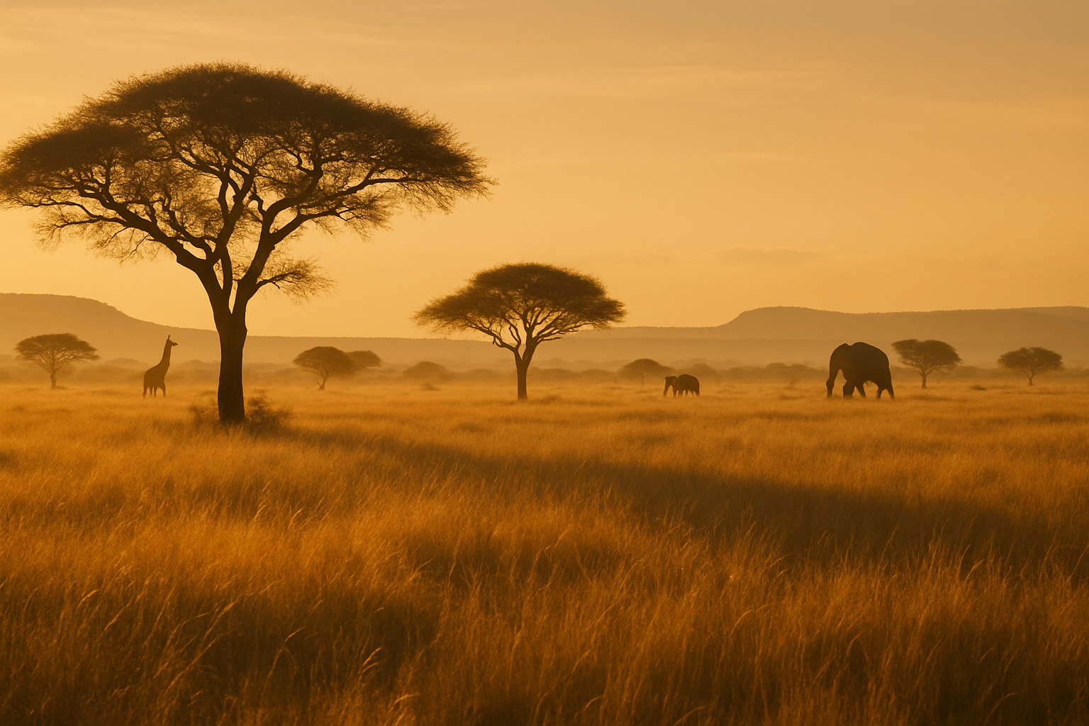 South African safari landscape with golden grass and wildlife silhouettes