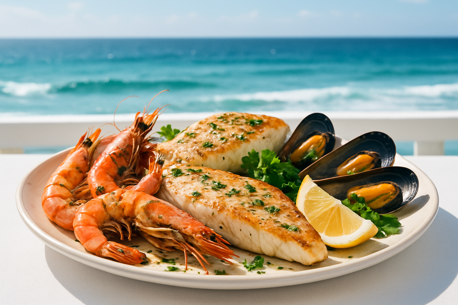 Coastal South African seafood platter with ocean view