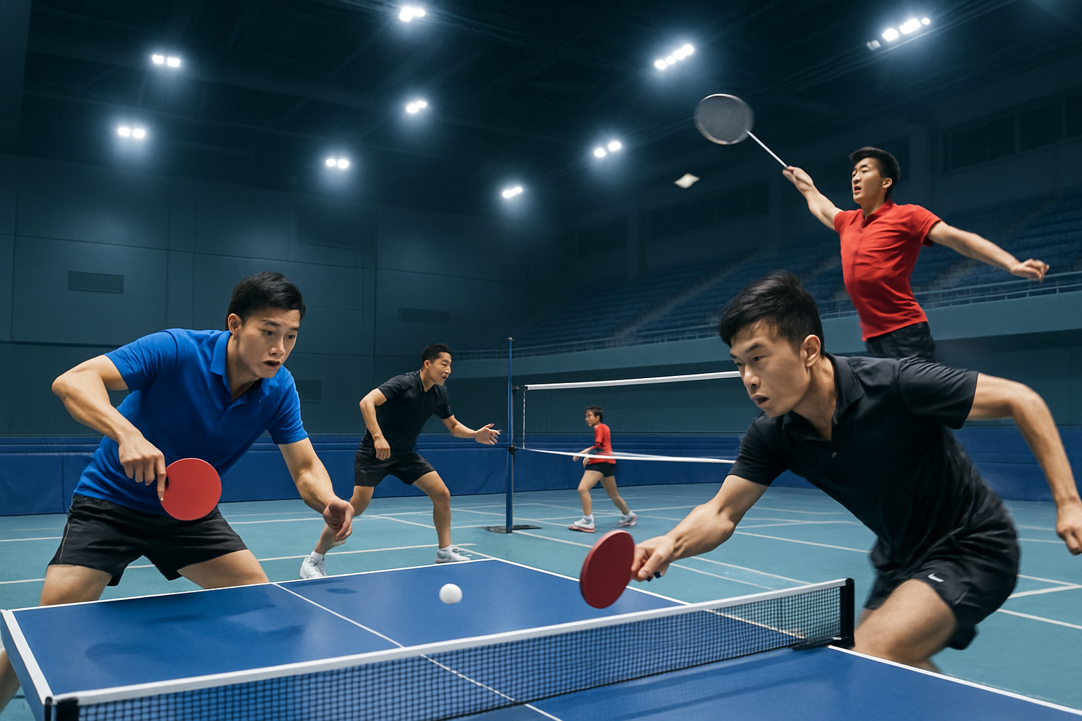 Asian indoor arena with badminton and table tennis