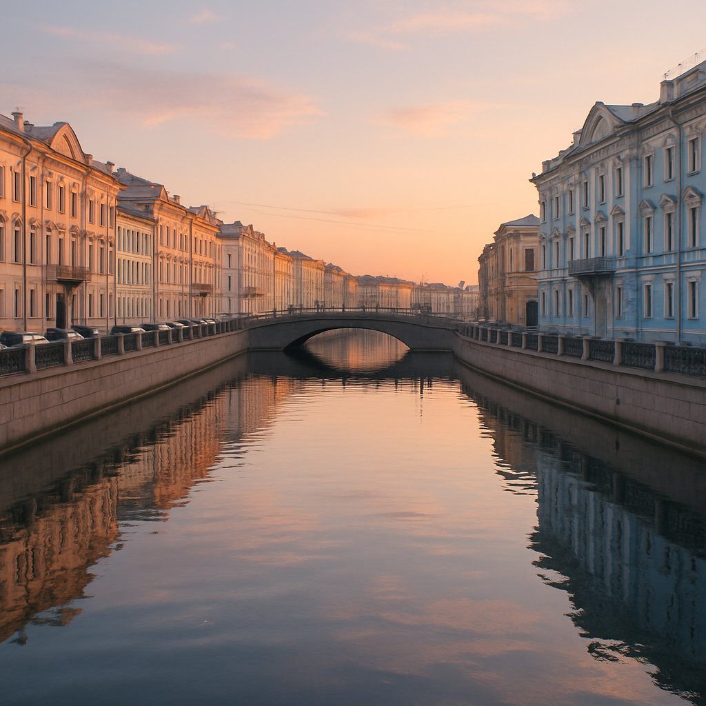 Saint Petersburg canal with pastel palaces and soft evening light