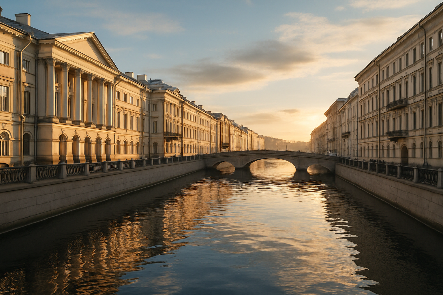 Saint Petersburg canals and classical architecture at golden hour