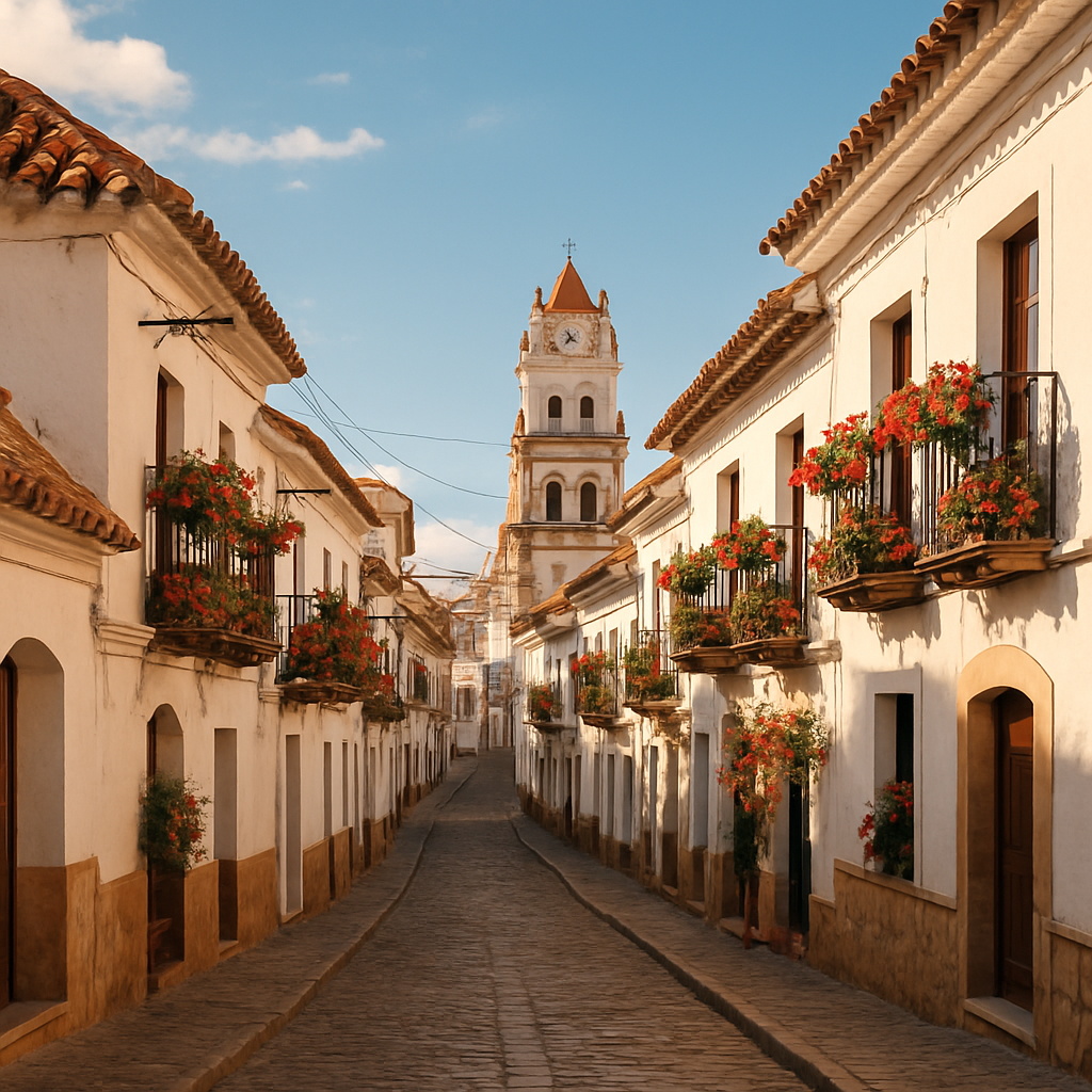 White colonial buildings in Sucre with colorful rooftops