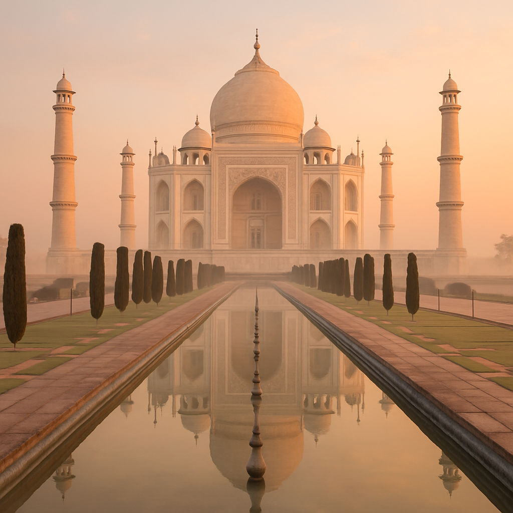 Taj Mahal glowing at sunrise with reflecting pool