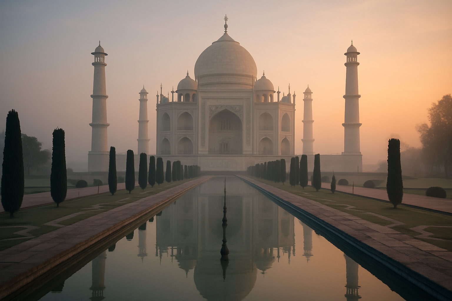 Taj Mahal at sunrise with reflecting pool
