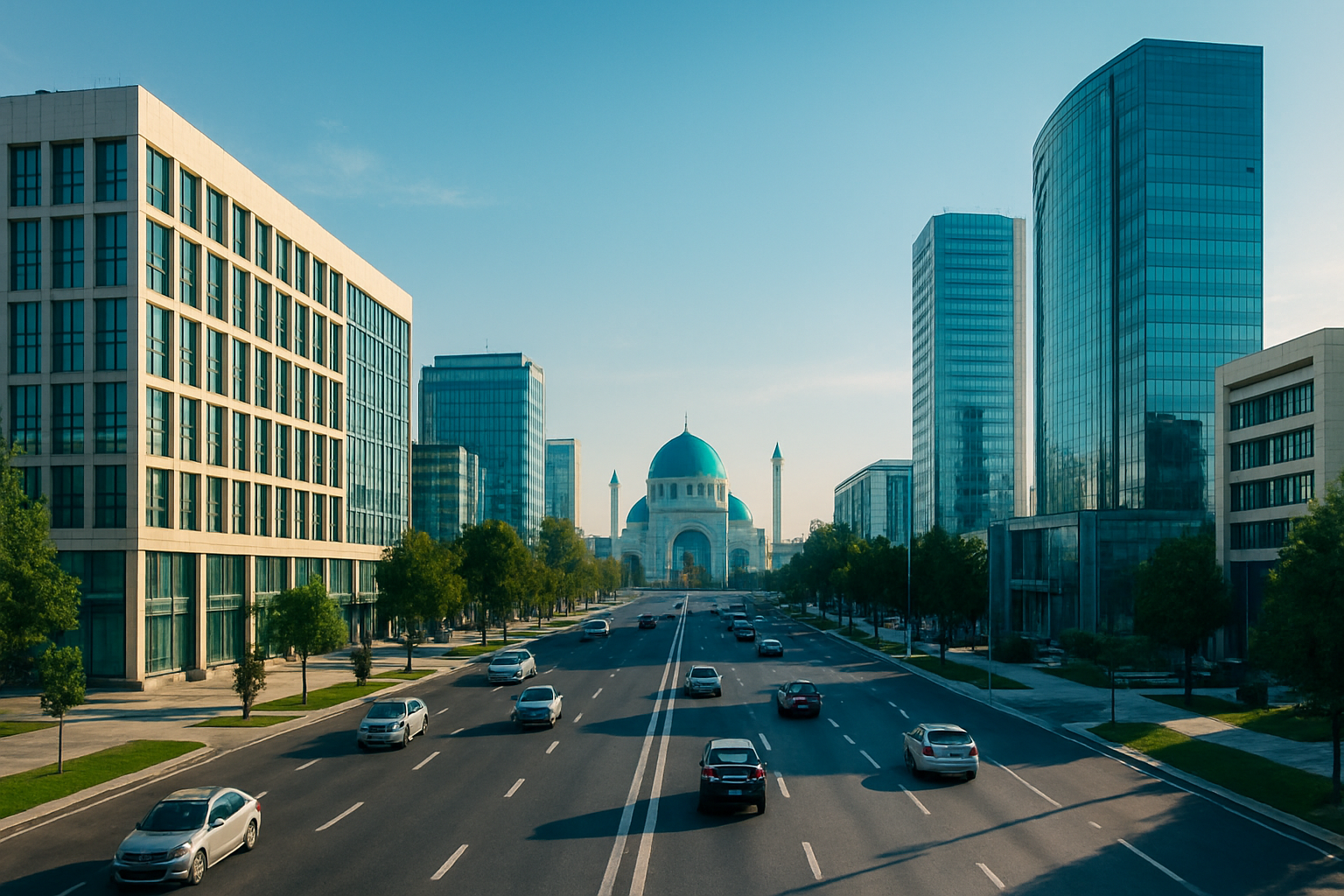 Modern Tashkent skyline with broad boulevards and blue domes