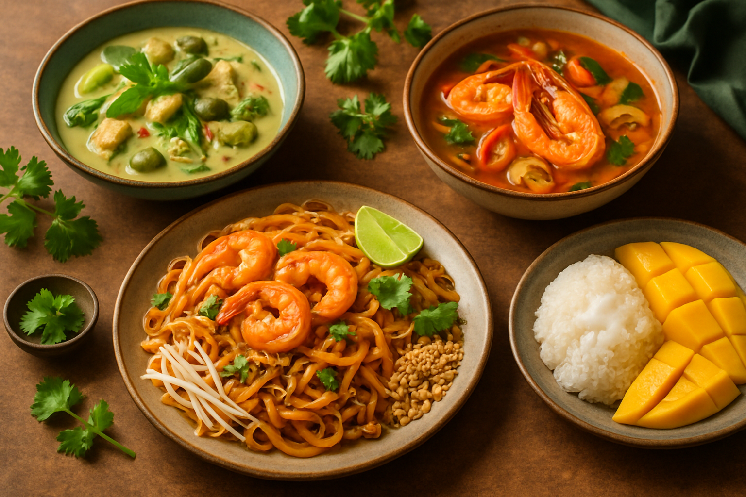 Thai food spread with pad thai, green curry, tom yum, and mango sticky rice