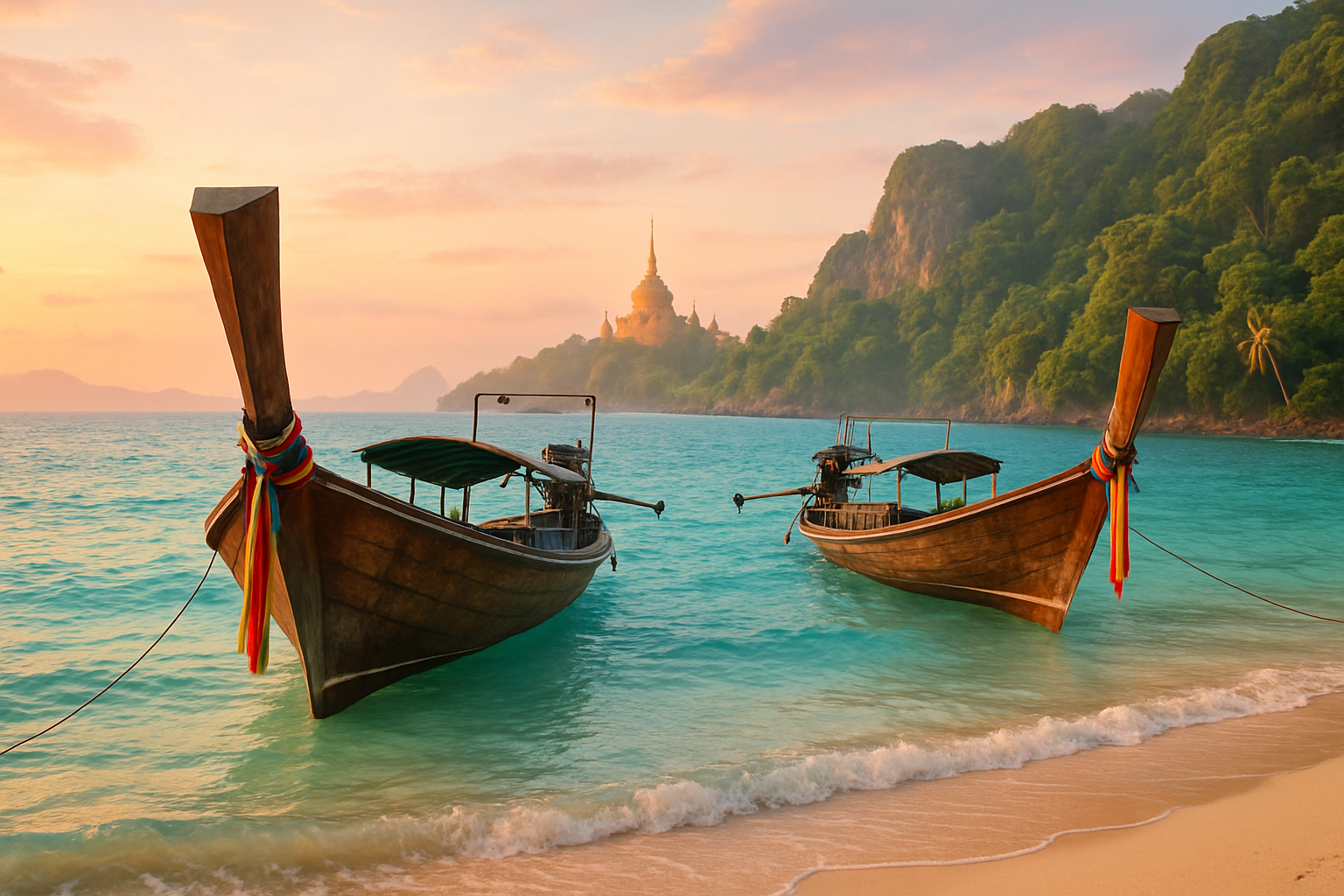 Tropical Thai beach with long-tail boats, a golden temple silhouette, and lush jungle hills at sunset