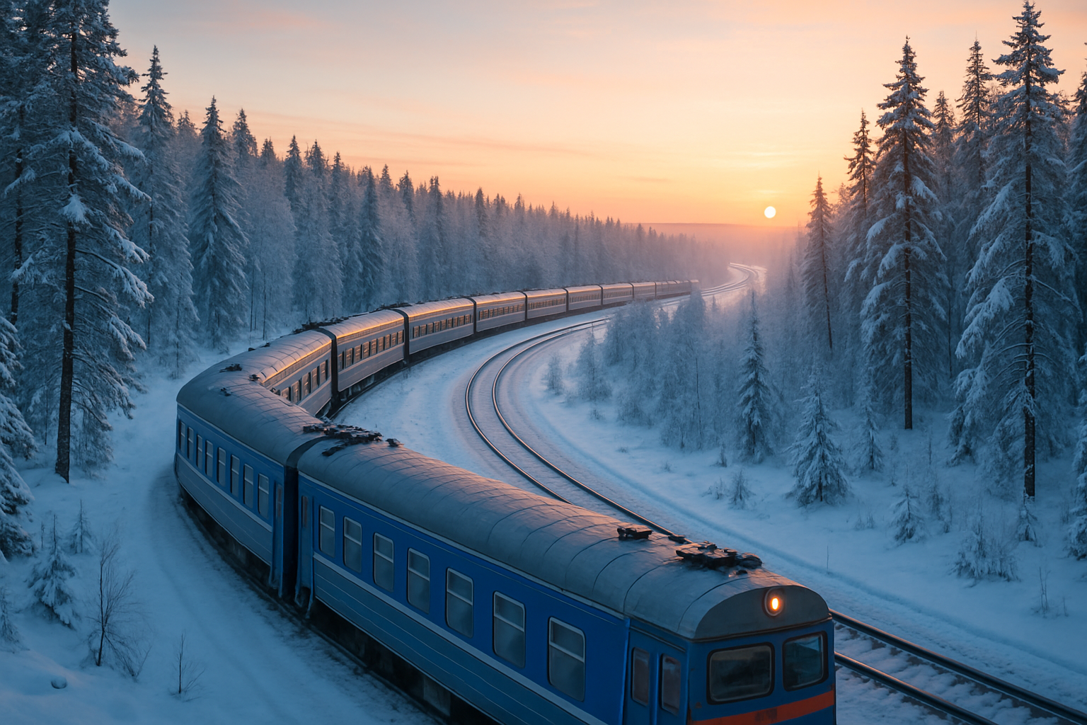 Trans-Siberian Railway train crossing snowy forests at sunrise