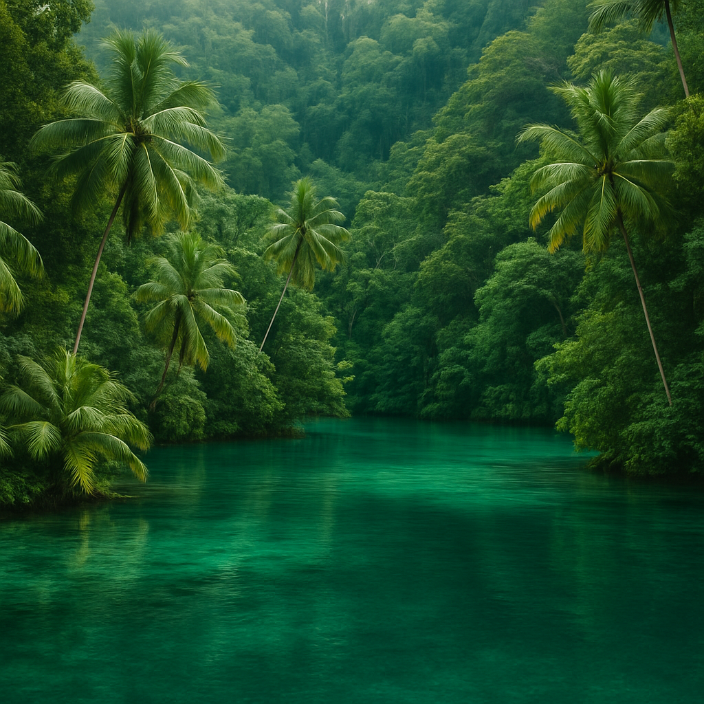 Lush tropical lagoon with emerald water and palms