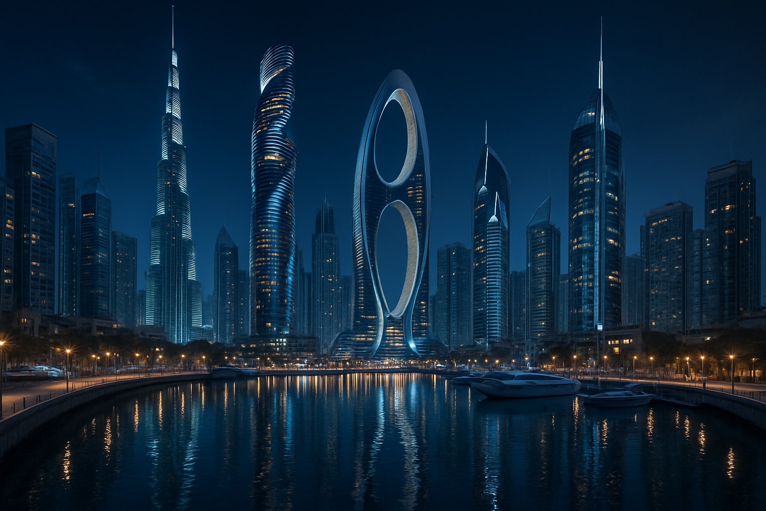Futuristic skyline and waterfront in the United Arab Emirates
