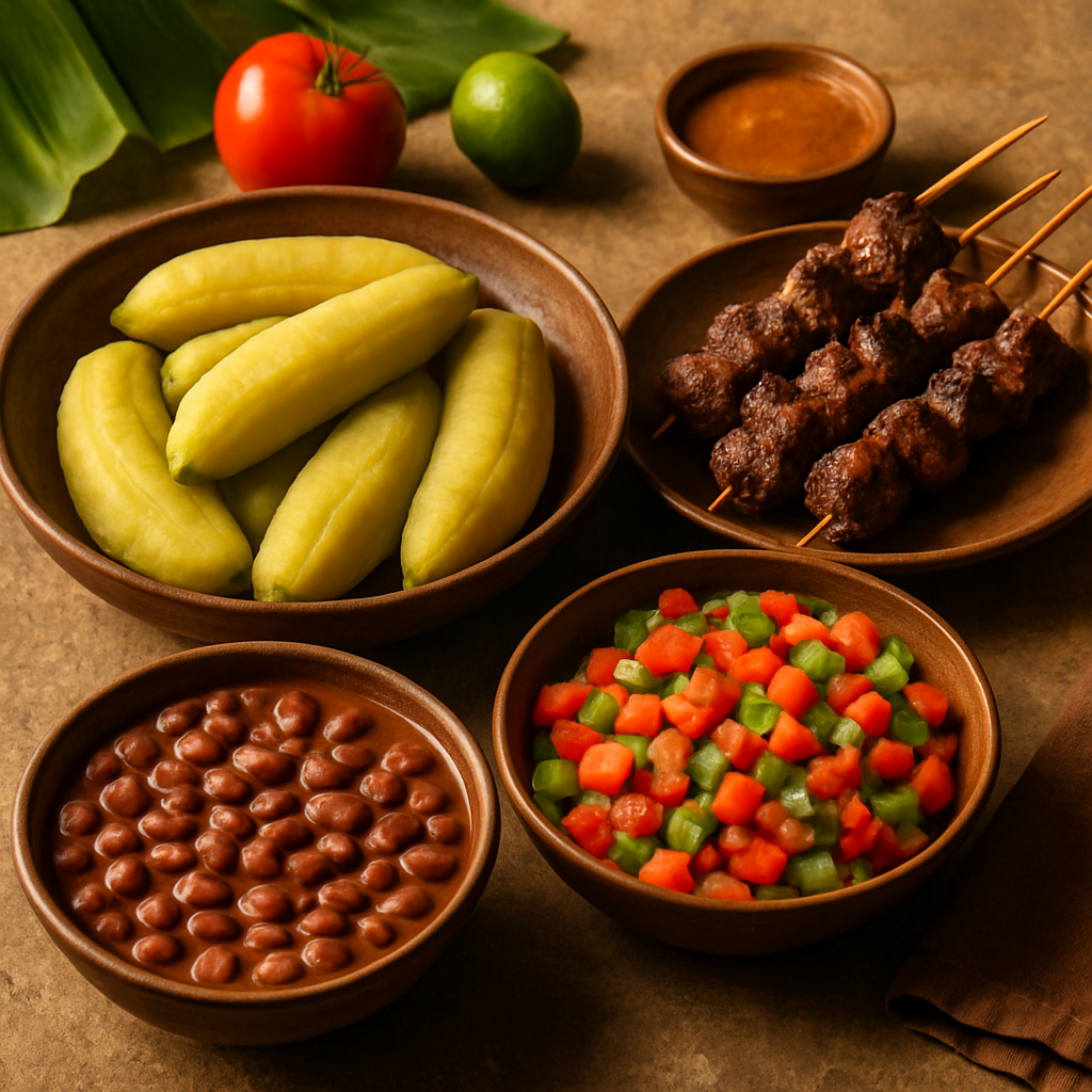 Ugandan cuisine with matoke, grilled meat, and colorful vegetables on a rustic table