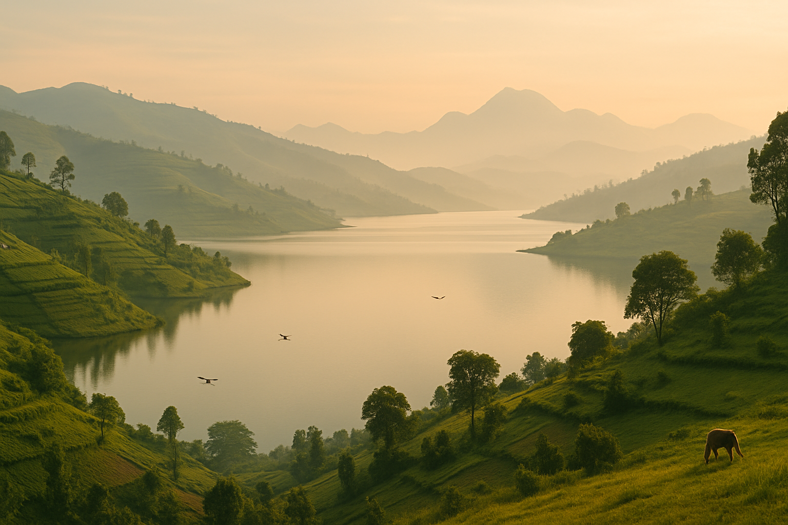 A sweeping view of Uganda with green hills, a calm lake, and wildlife silhouettes in soft morning light