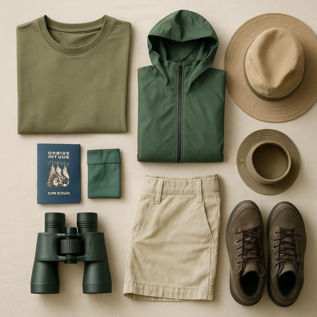 Travel essentials for Uganda including light clothing, rain jacket, hiking boots, and binoculars