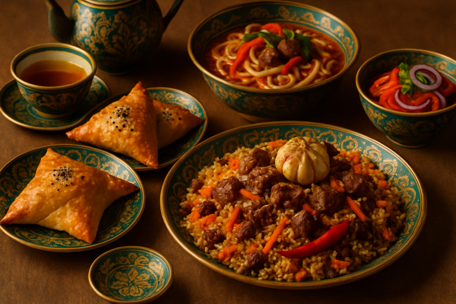 Uzbek plov and samsa on a traditional patterned table