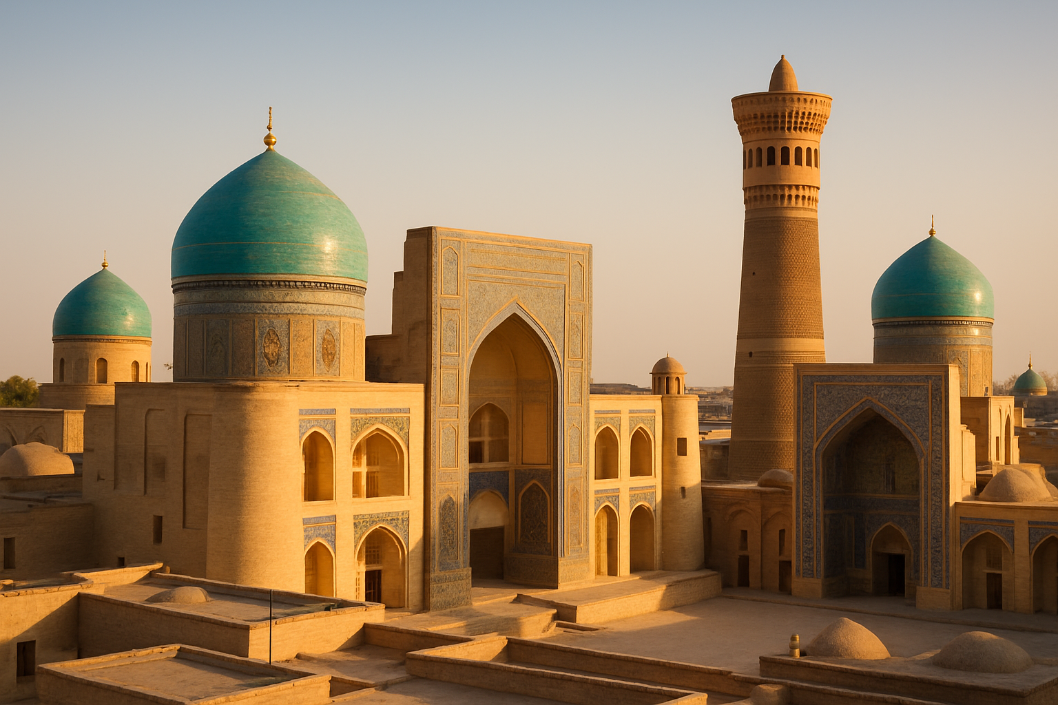 Historic Uzbek city skyline with turquoise domes and desert light