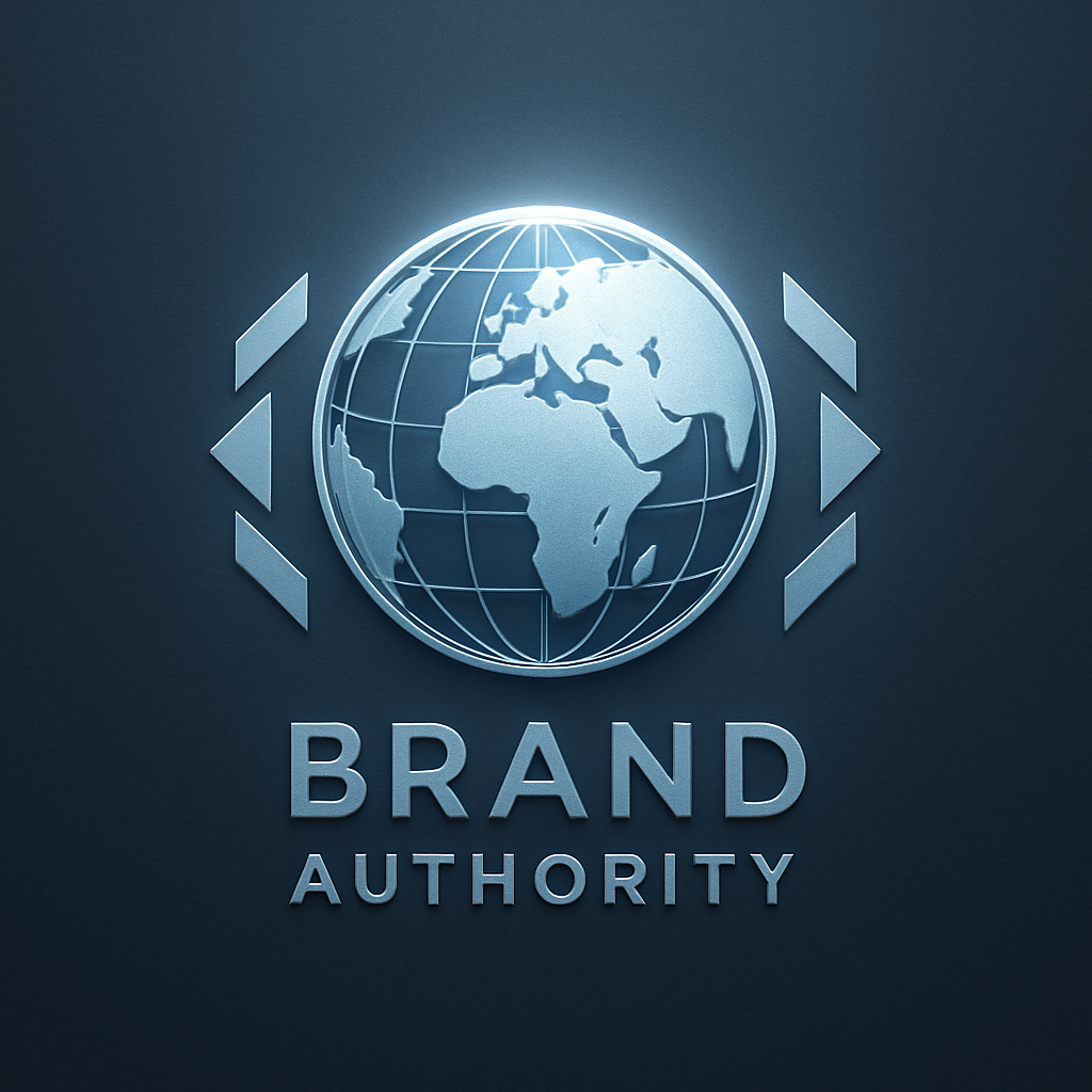 Minimalist brand authority emblem with a glowing globe motif and refined blue accents