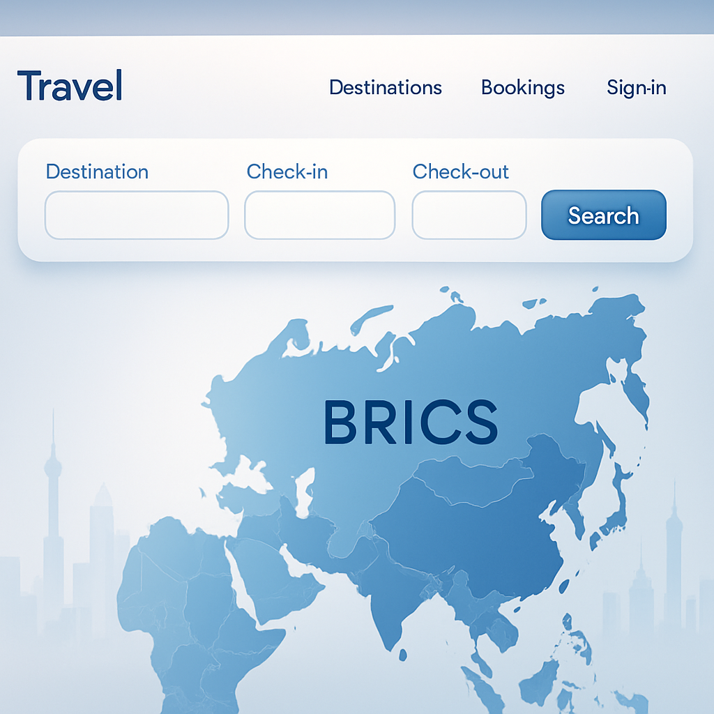 Abstract preview of a modern travel platform interface with BRICS map motifs