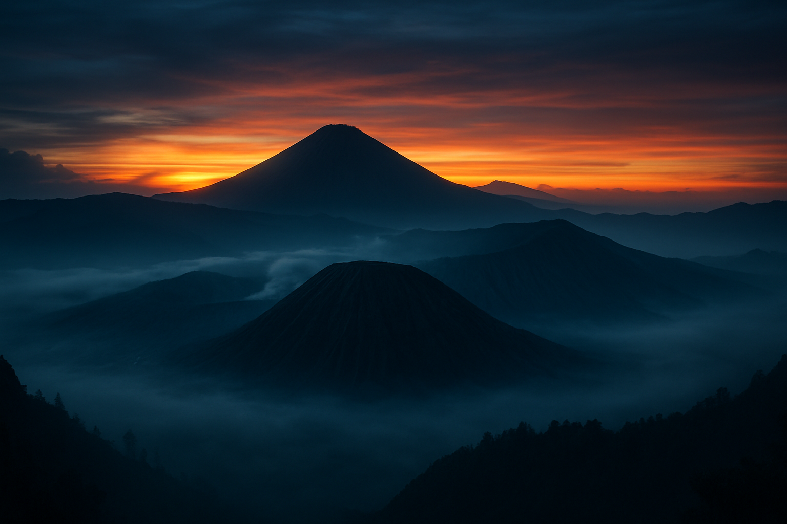 Volcanic sunrise with misty peaks