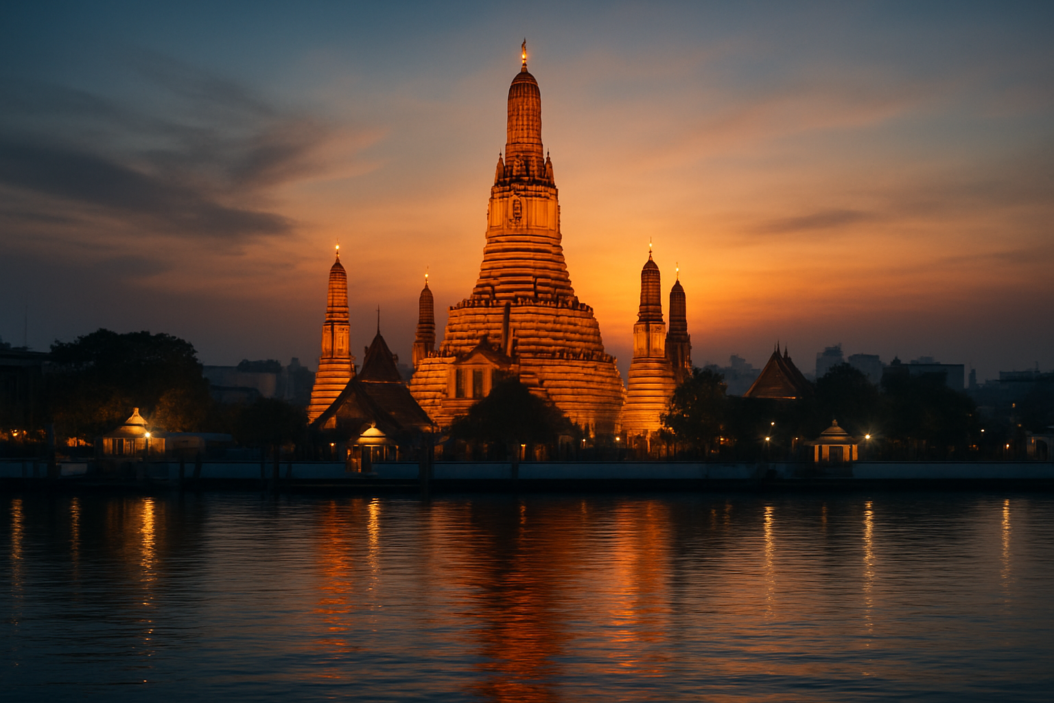 Wat Arun temple by the Chao Phraya River at sunset