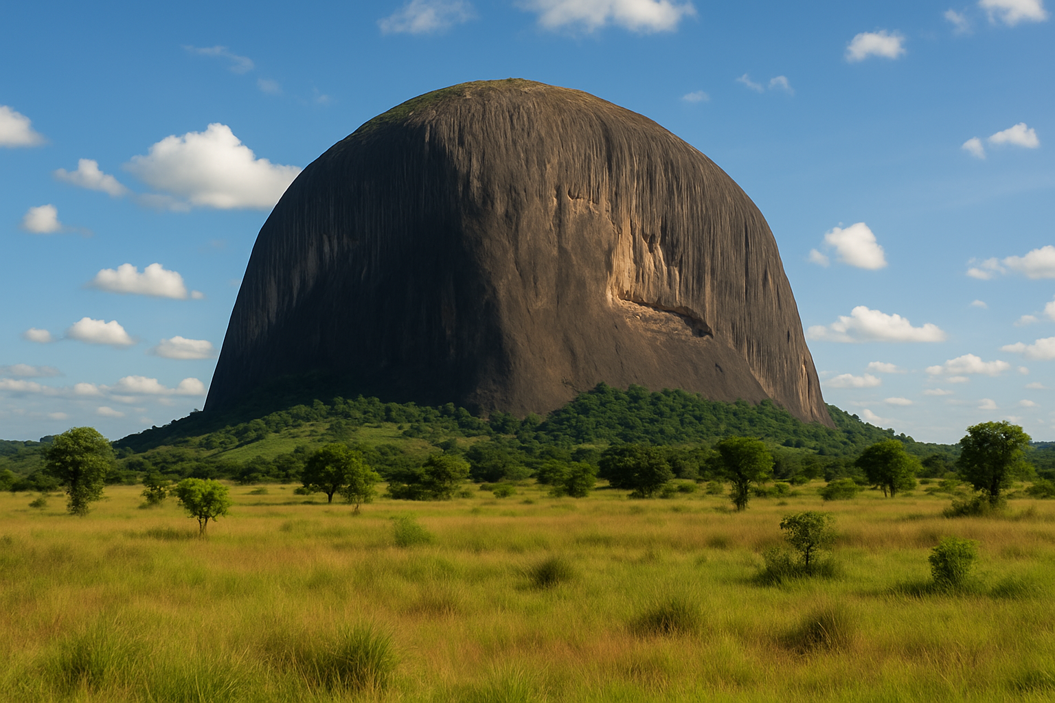 Zuma Rock rising above savanna landscape near Abuja