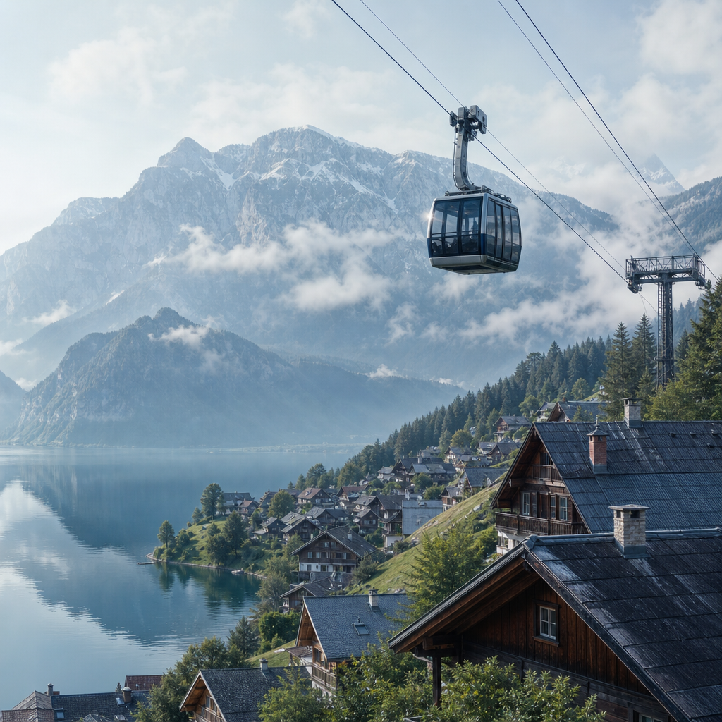 An Alpine lakeside village with chalet rooftops, calm water, and a cable car ascending toward misty peaks