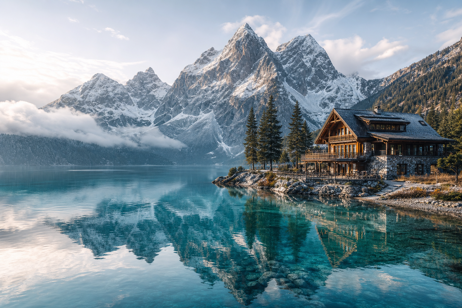 Alpine lake with clear turquoise water reflecting mountain peaks and a cozy wooden lodge on the shore