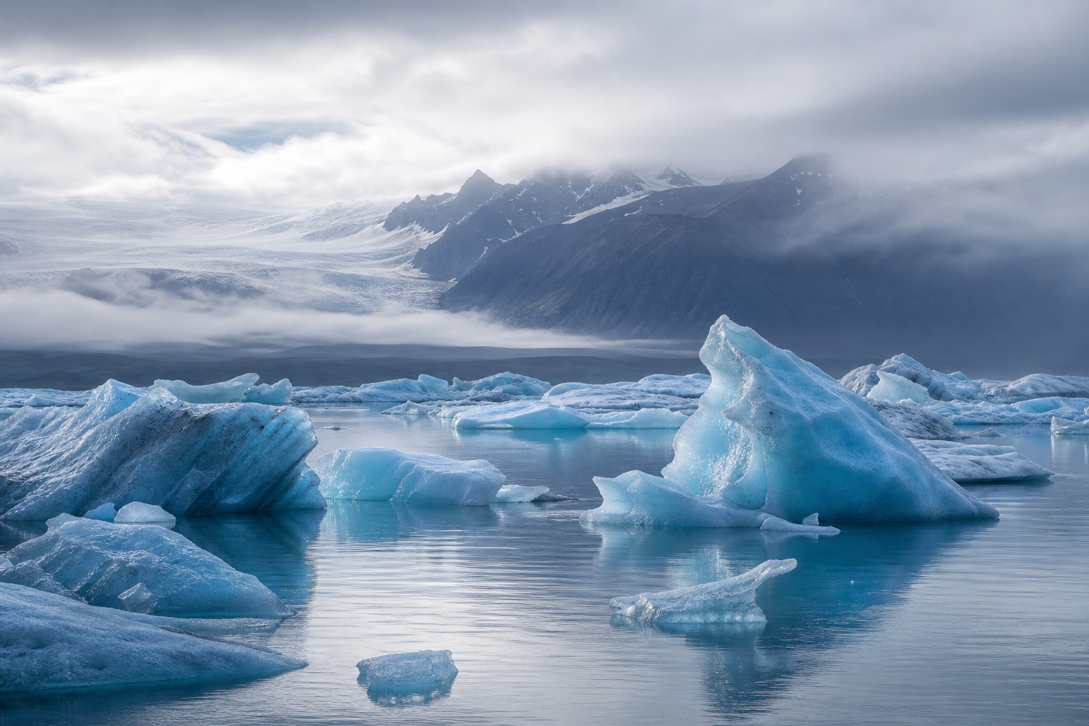 Glacial lagoon in Iceland with blue icebergs floating on calm water under a misty sky