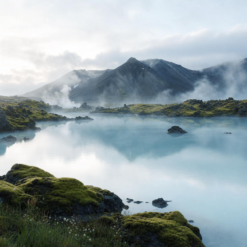 A misty Icelandic lagoon with soft morning light reflecting off still water, mossy banks, and distant dark mountains